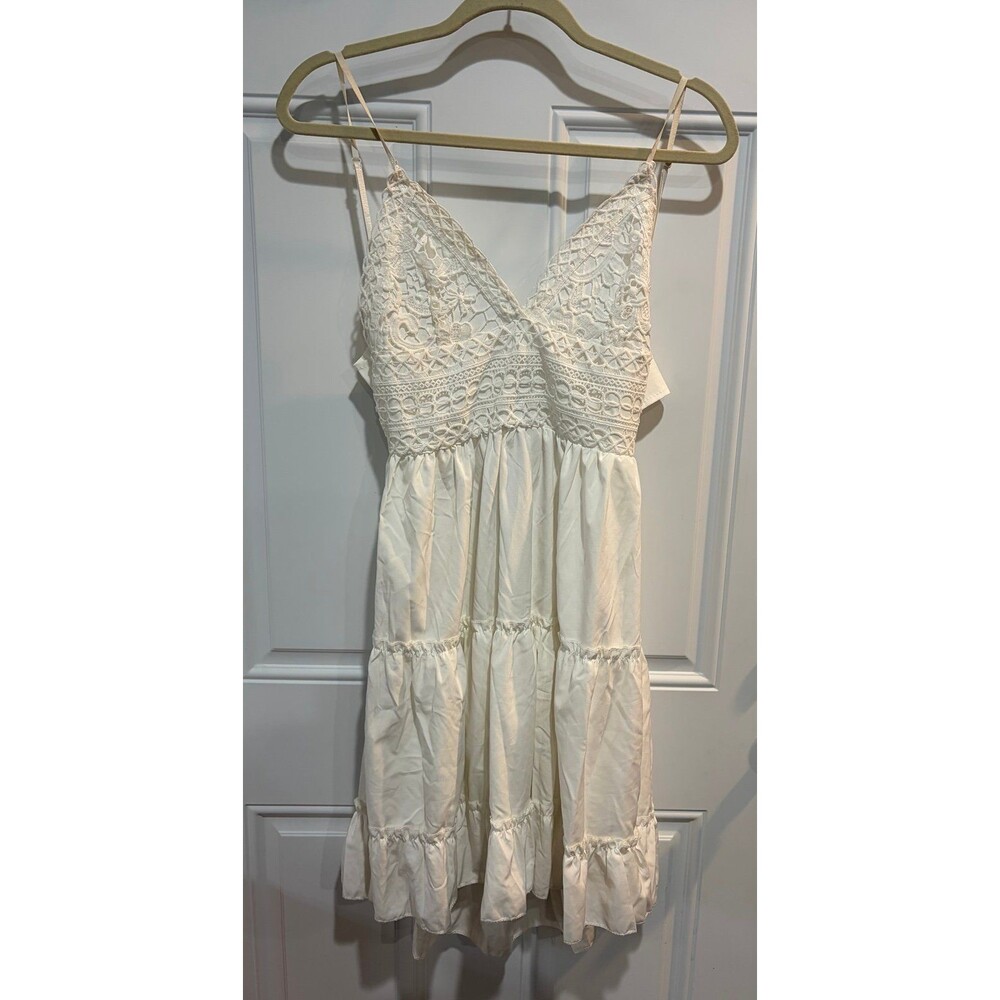 White Lace Trim Tiered Mini Dress Spaghetti Straps